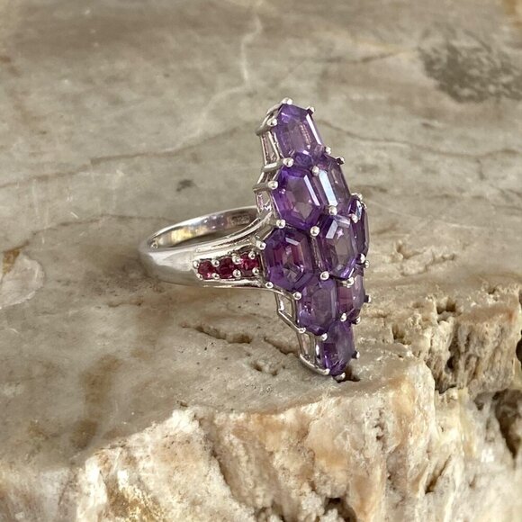 Sterling Silver 925 STS Multi Gemstone Amethyst & Garnet Statement Ring Sz 9 - Picture 12 of 16